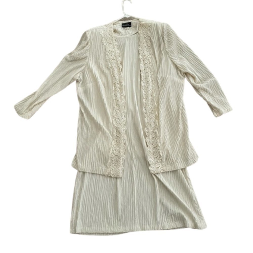 Vintage David Rose off white lace crinkle dress & blazer set